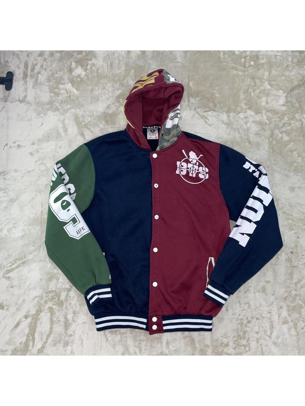 Multi-Color Varsity Hoodie Jacket - Maroon, Navy & Green